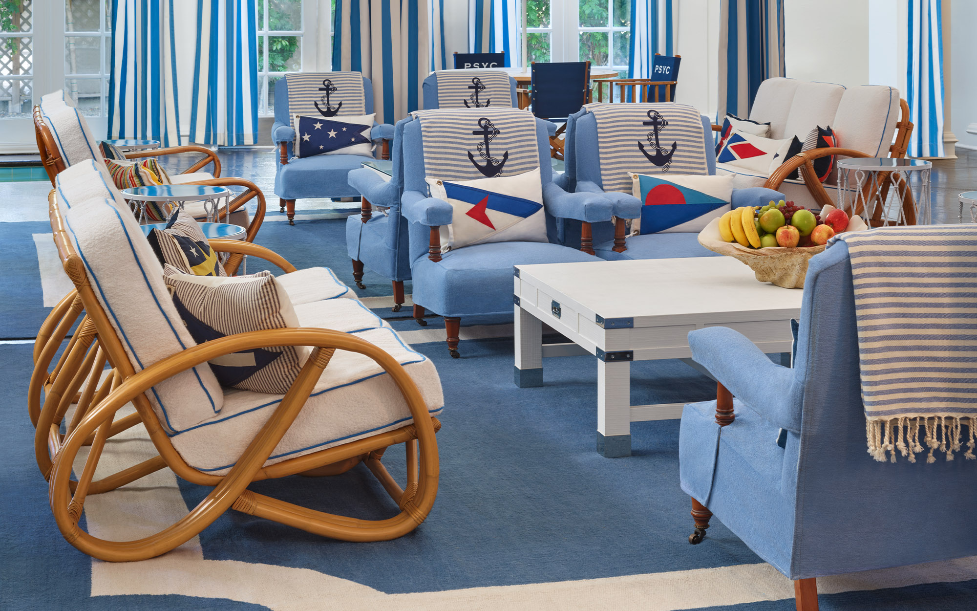 ocean-themed seating area at parker palm springs yacht club